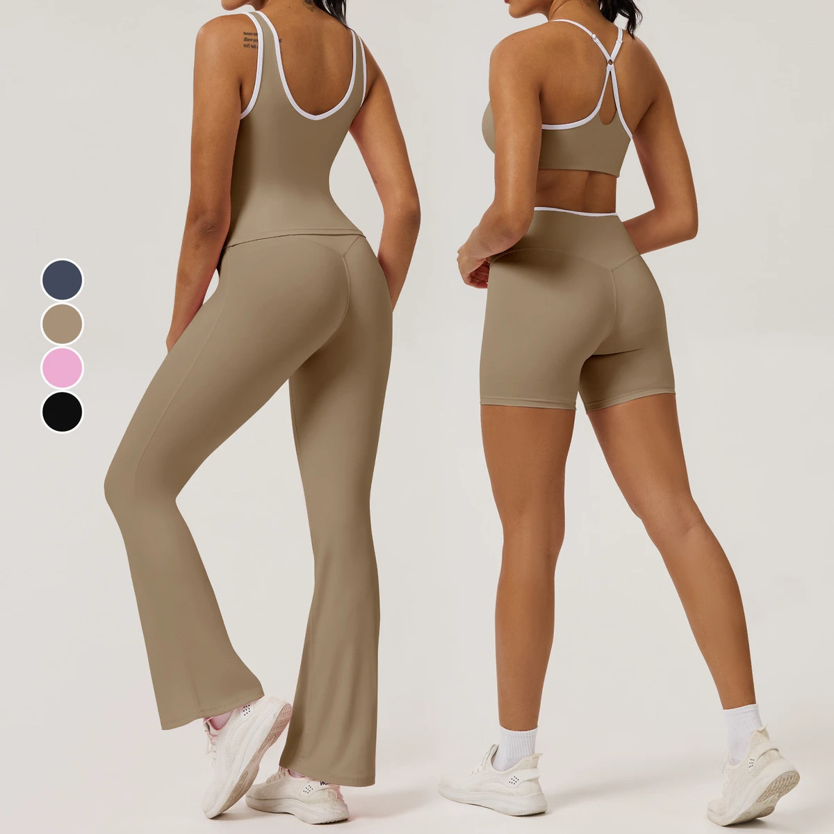Women's 6-Piece Sports Fitness Set Custom Logo Cross Waist Beautiful Back Naked Running Tight-Fitting Gym Shorts Striped