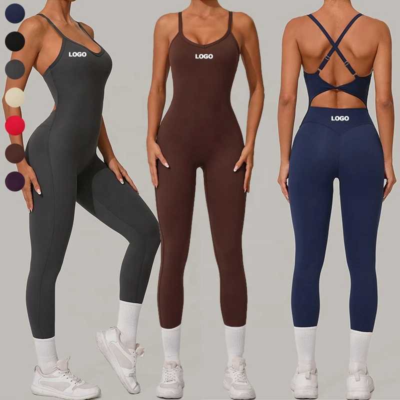 Women's Adjustable Straps Cross Back Twisted Yoga Jumpsuits Hollow Out Butt Lifting One Piece Workout Romper Sports Bodysuit