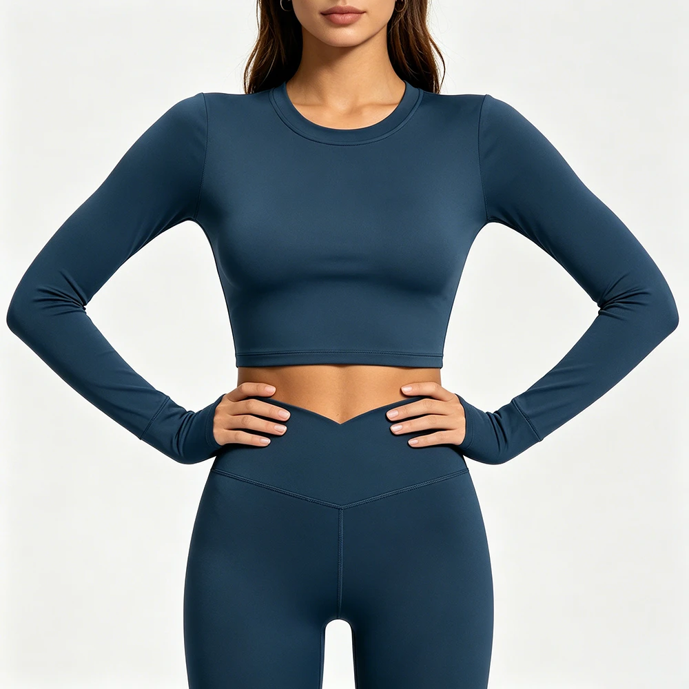 Women's Seamless Long Sleeve Yoga Crop Top Thumb Holes Slim Fit Breathable Four-Way Stretch Quick Dry Athletic Workout Gym