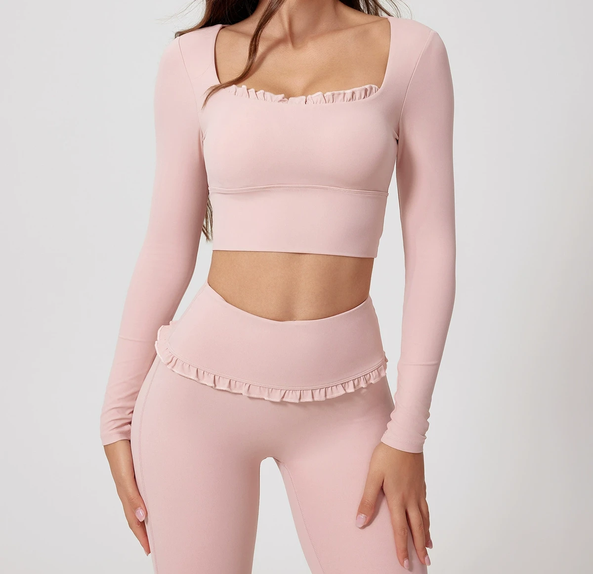 Women's Yogurt Fitness Gym Set Long Sleeve Breathable Sports Bra with Pads and Print Solid Pattern Recyclable Logo on Waist