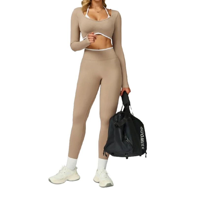 Women's Breathable High-Waist Seamless Yoga Set Crew Neck Solid Pattern Front Logo Hollow Back Full Sleeve Polyamide/Elastane
