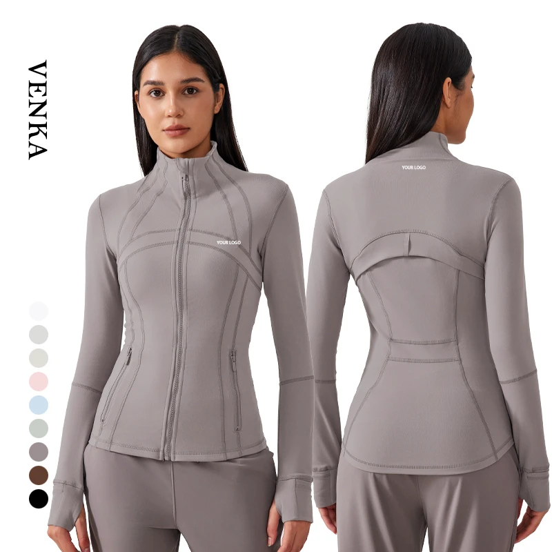 Women Stand Collar Slim Fit Sports Top Stretchy Athletic Wear Fitness Full Zip up with Zip Pocket Female Long Sleeve Yoga Jacket
