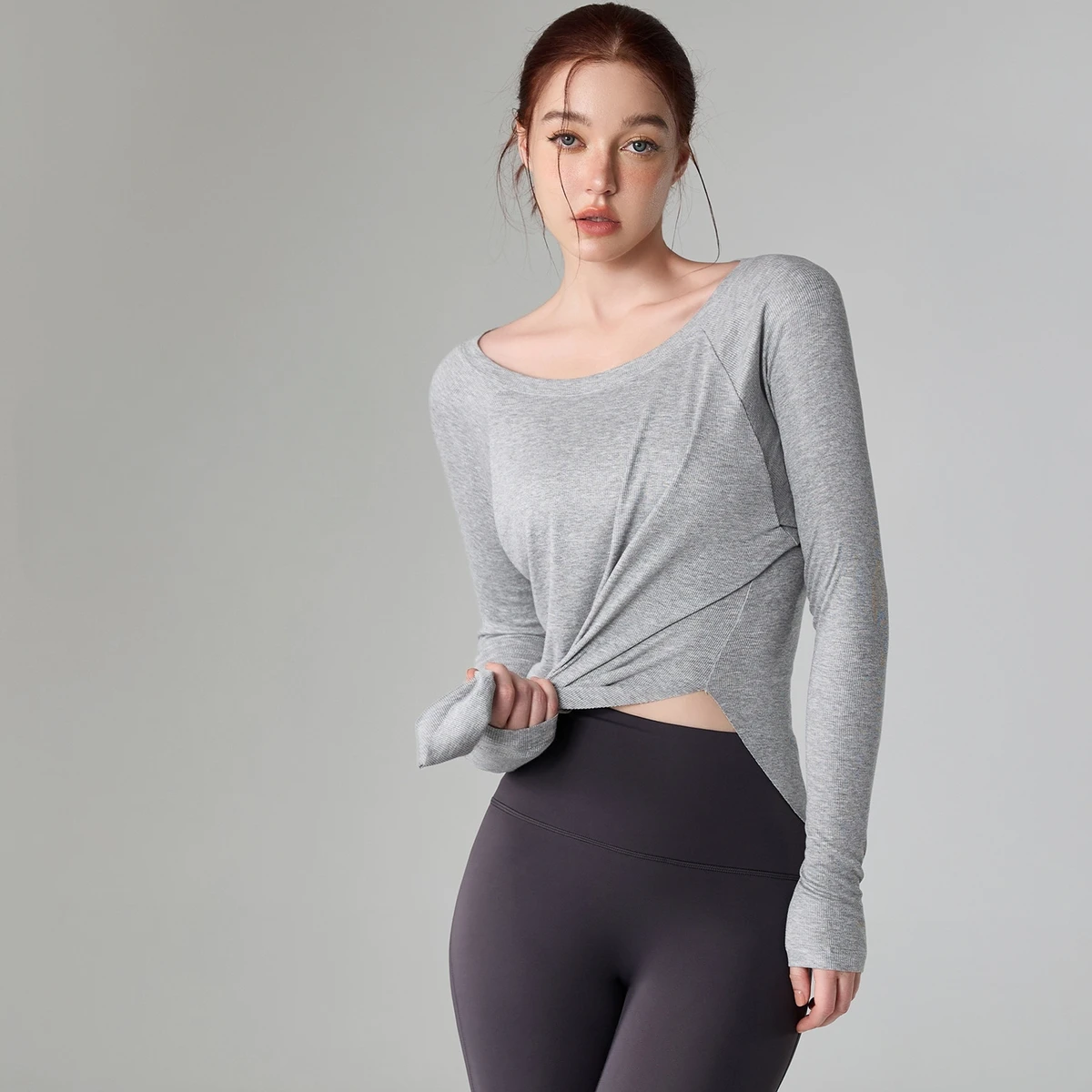 Base Layer Yoga Top with a Sexy Neckline a Stylish Long-sleeved Pullover for Sporty and Fitness Wear Running and Exercising.