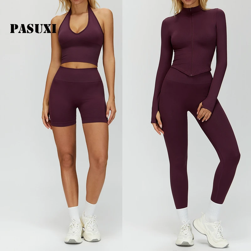 PASUXI 5pc Solid Workout Set High-Waist Breathable Quick Dry Yoga Leggings Vest/Jacket Bra Women Fitness Activewear