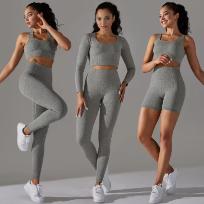 Womens Seamless 5-Piece Activewear Set Sports Bra Mid Waist Leggings Shorts Front Logo Stretch Fit Workout Fitness Yoga Wear