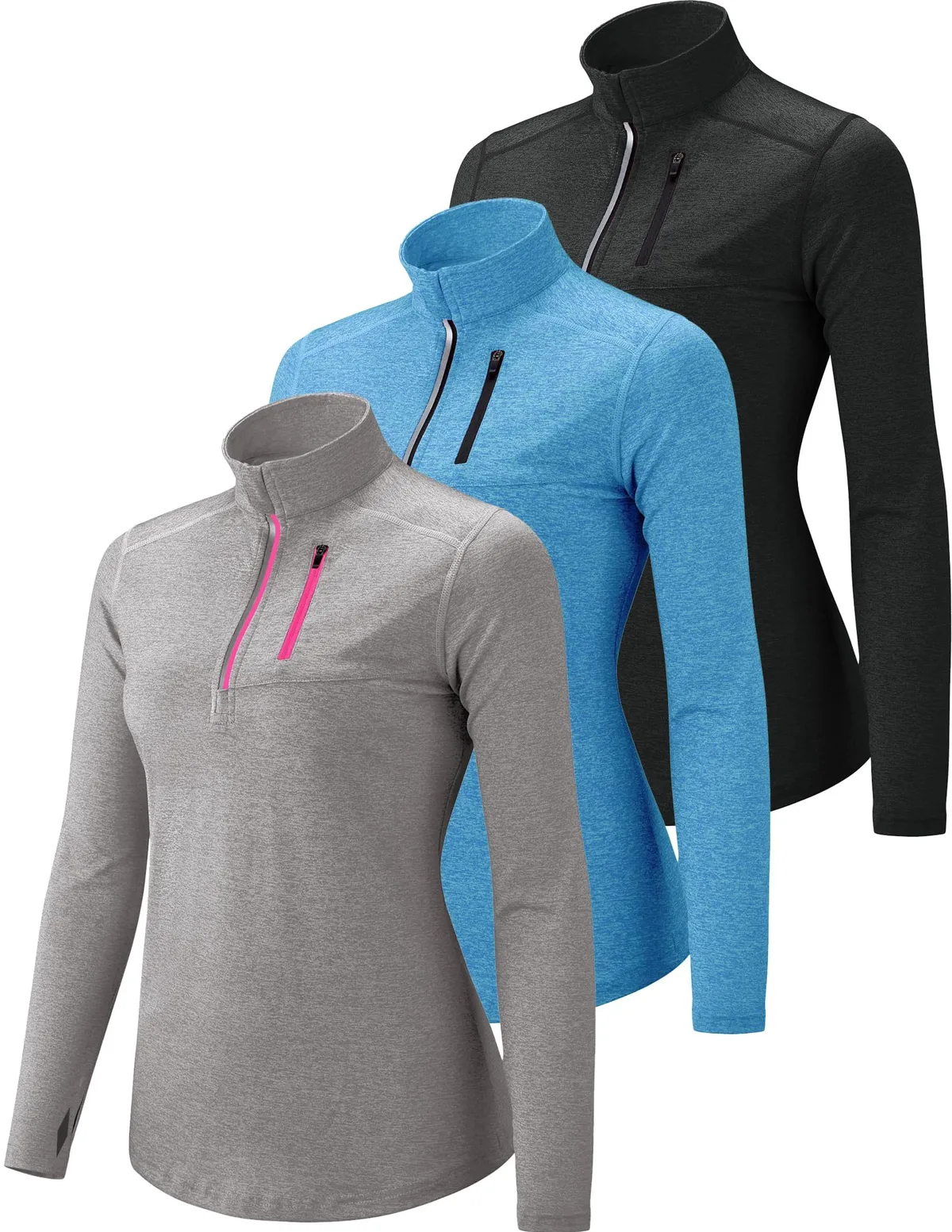 Liberty Imports Unisex 3-Pack Solid Quick Dry Breathable High Neck Long Sleeve Training T-Shirts Half Zip Thumbholes Pocket