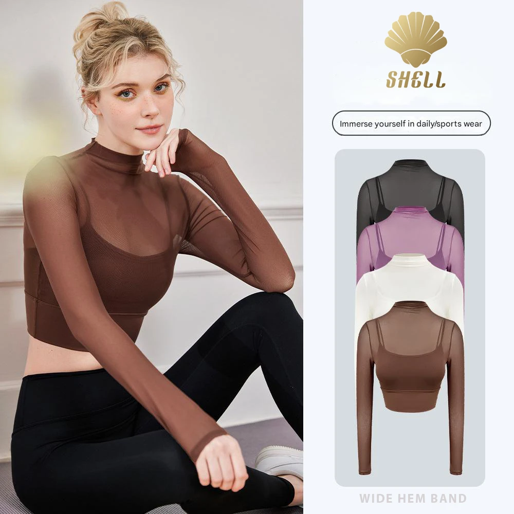 Yoga New See Through Fixed Pad Wide Hem Band Long Sleeved Crop Fitness Clothing Sports Outdoor Mesh Mock Neck Women's Top
