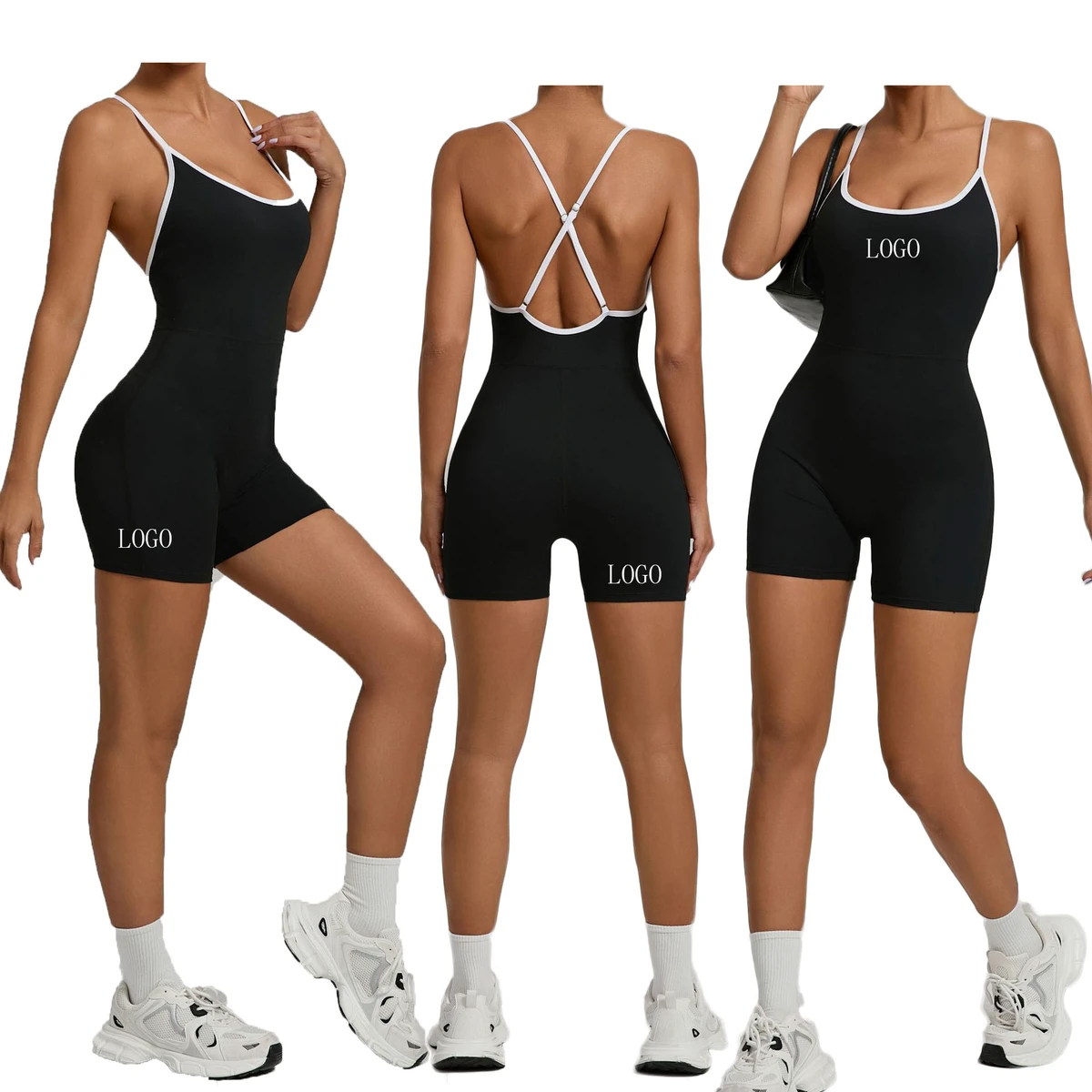 Outdoor Running Sports One-piece Fitness Clothing Contrast Cross Shoulder Strap Yoga Romper Hip Tight Yoga Bodysuit Jumpsuit