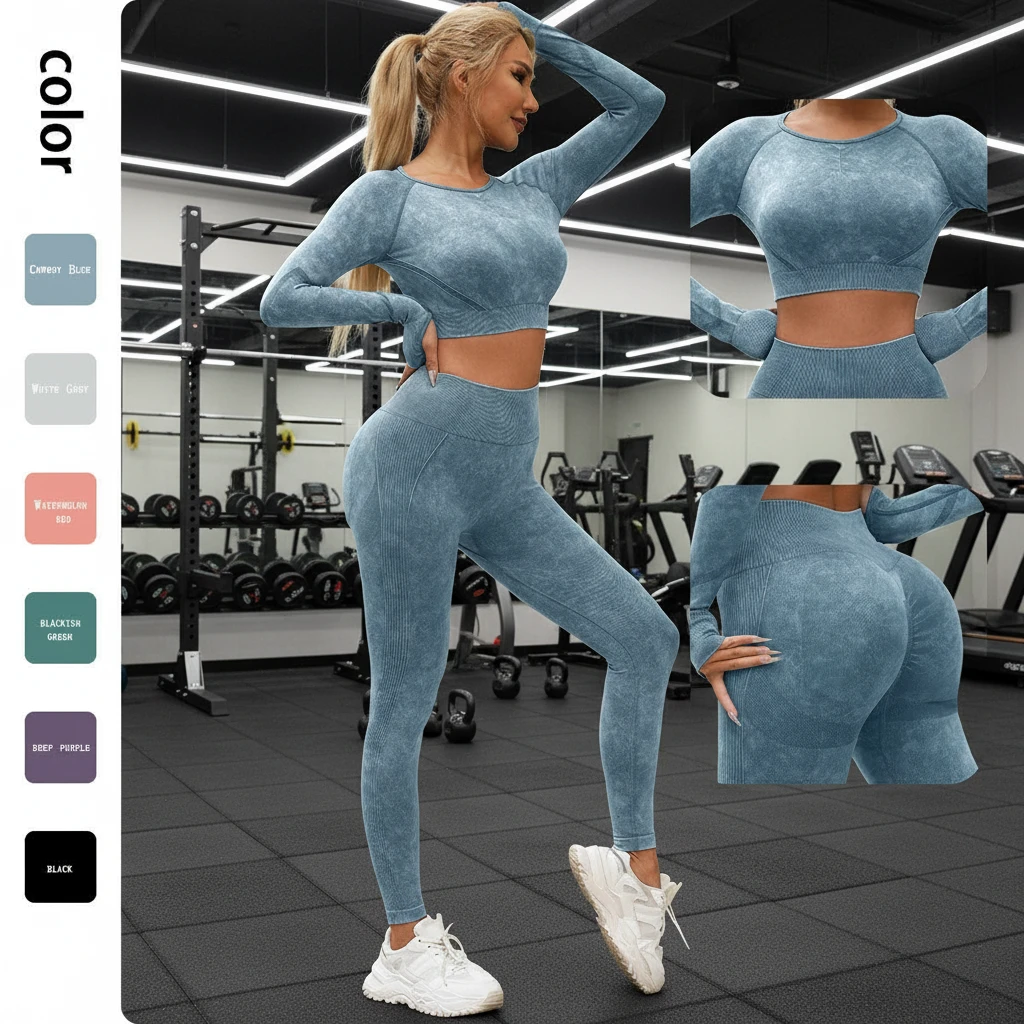 Breathable Yoga Wear Set Seamless Knitting Four Way Stretch Spandex Nylon Full Length Yoga Top Legging