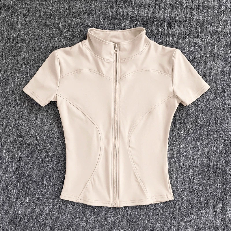 Custom Quick-dry Summer Women's Yoga Stand-up Collar T Shirt Zippered Slim Fit Solid Fast Dry Stretch Workout Women's T Shirt