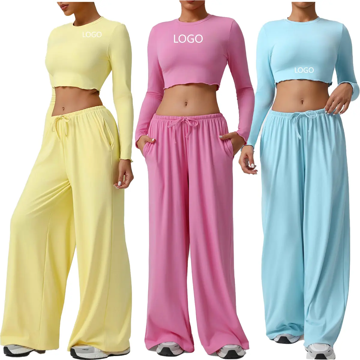 Custom Slim Breathable Gym Wear Set Quick Dry Long Sleeve Running T-Shirt High Waist Sweatpants with Front Logo for Fitness Yoga