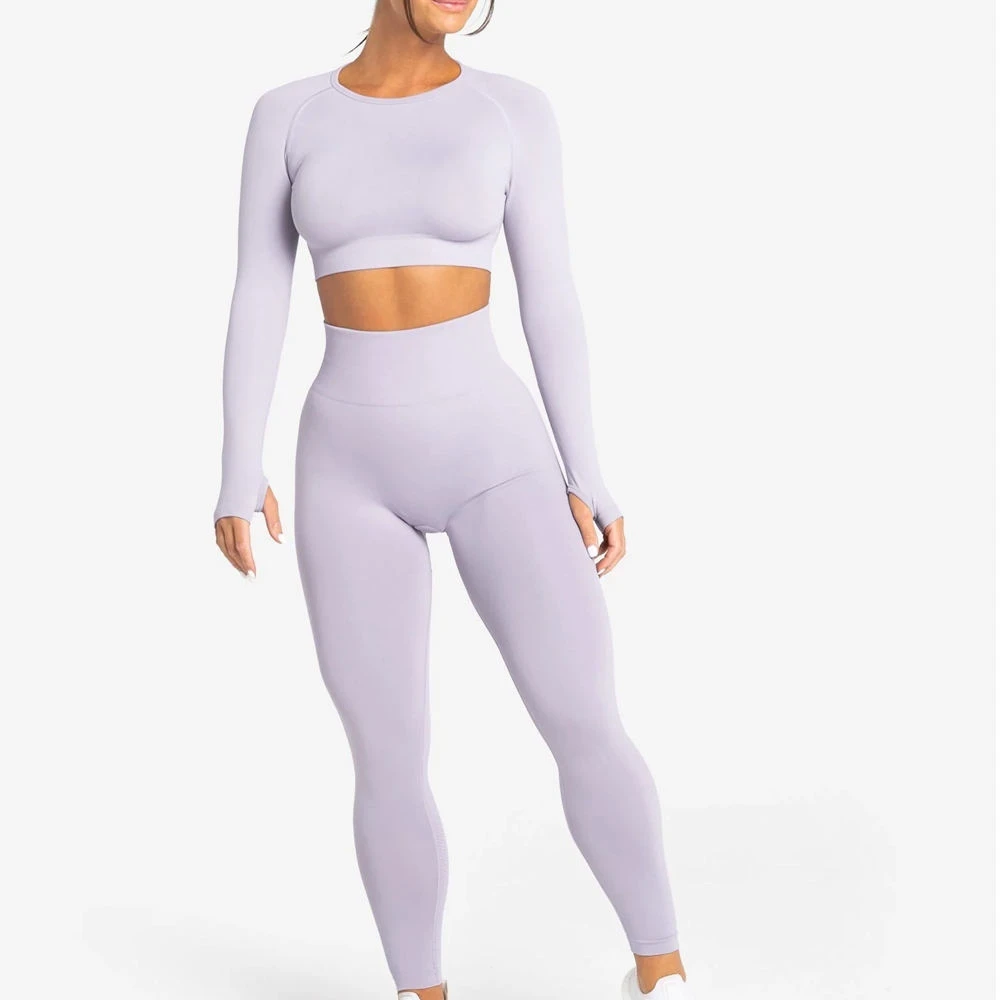 OEM Wholesale Women's Activewear Set Two-Piece Yoga Suit 100% Cotton Long Sleeve Crop Top Leggings Custom Pattern Solid Color