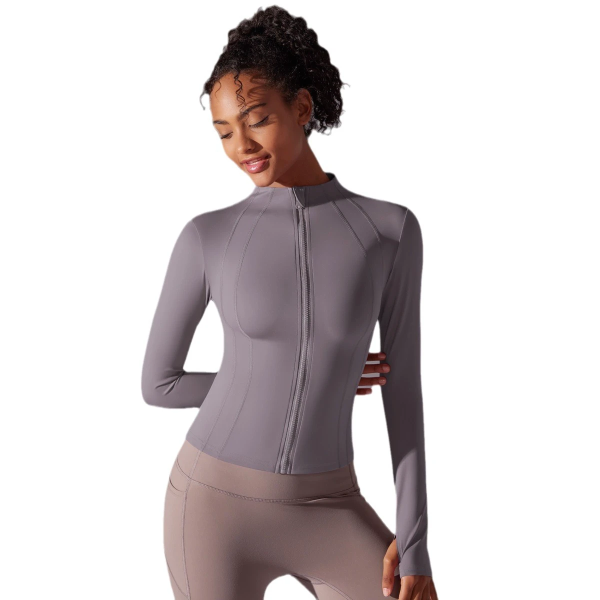 Women's Lightweight Sporty Running Fitness Long-Sleeved Yoga Top New Solid-Color Stand Collar Zipper Jacket Breathable Nylon