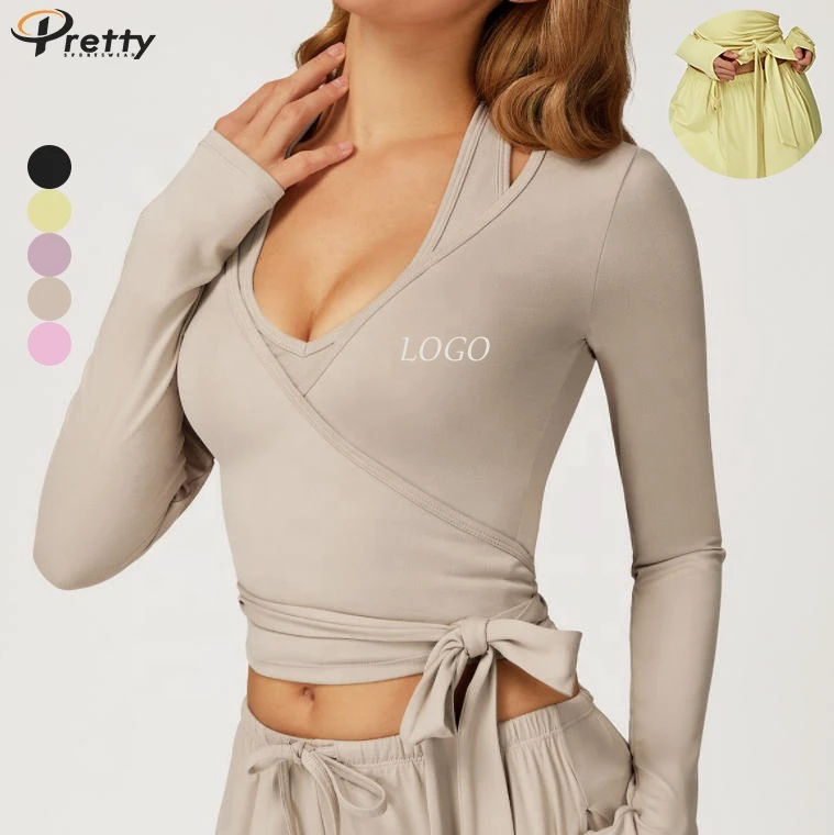 Yoga Wrap Top Long Sleeve Fashion Yoga T Shirts Yoga Wrap Top Soft Active Wear Sportswear Gym Wear Custom logo