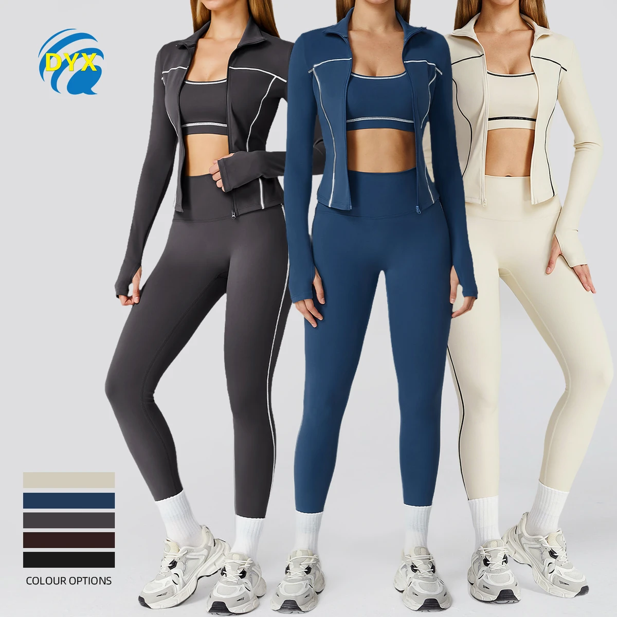 OEM 3pcs Women's Gym Fitness Set Solid Yoga Activewear Outfits Zipper Jacket Elastic Waist Workout Legging Front Placement