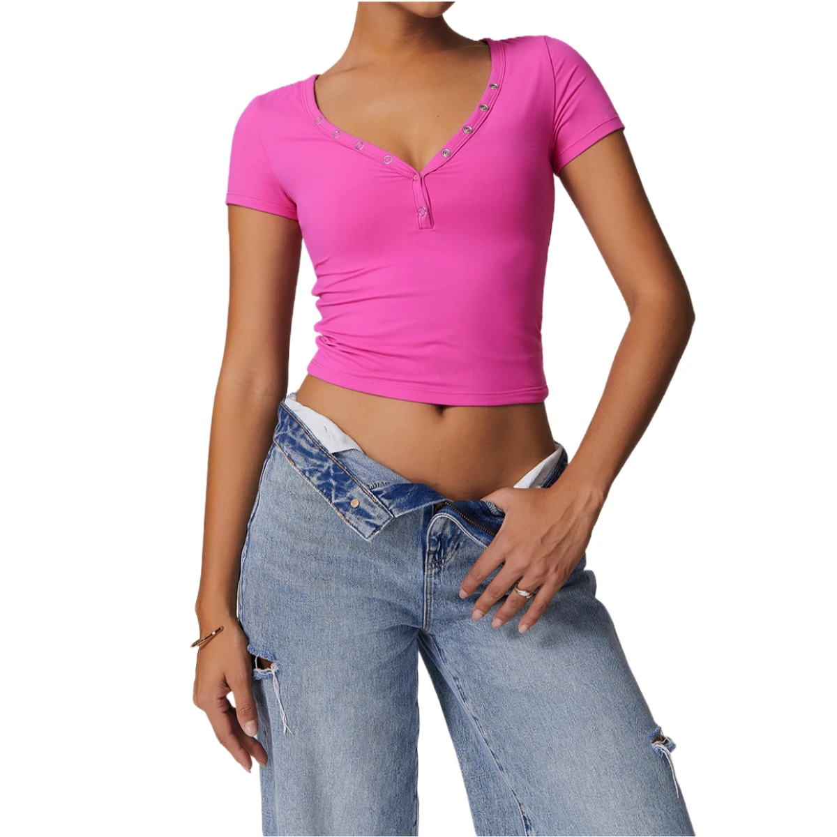 Women Sexy V-Neck Super Stretchy Sports T-shirt Slim Fit Quick Dry Yoga Tops with Buckles Outdoor Workout Activewear