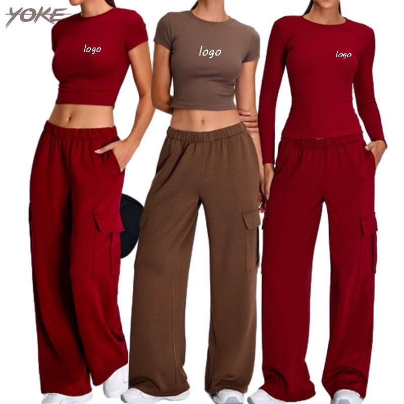 Yoke Hot Sale Slim-fit Fitness Yoga Sets Pleated Sports Suit Wholesale Shirts Pants Crop Top Long Sleeve Shirts Running