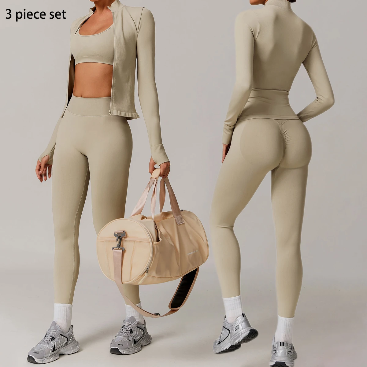 Seamless Women's Workout Set 3 Piece Quick Dry Tights Yoga Pilates Gym Sports Outfit Activewear Beautiful Back Women Sports Set