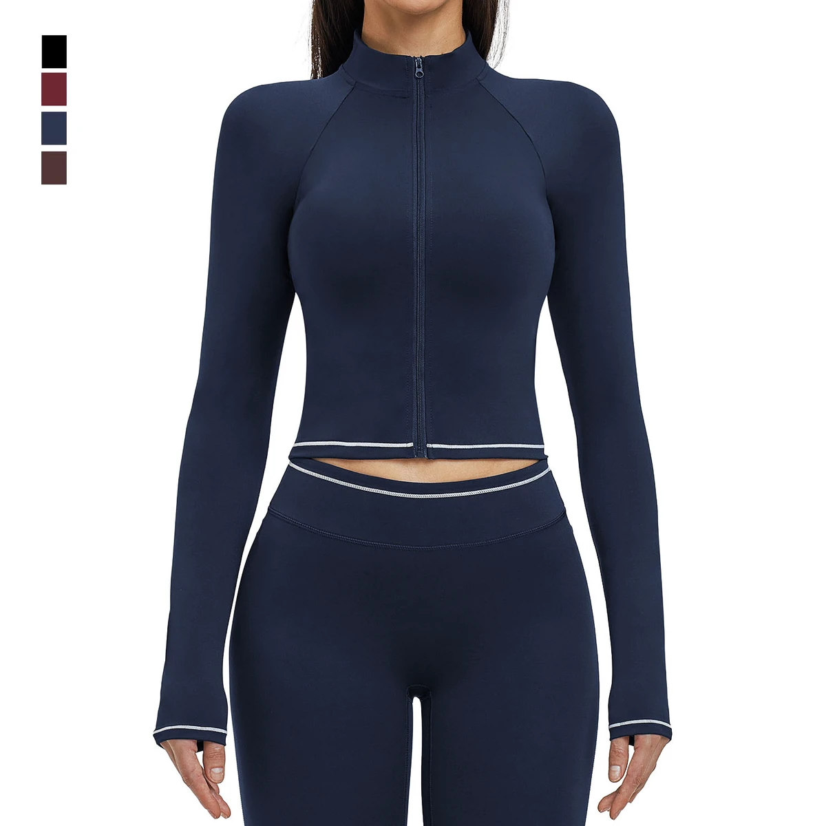 Women's Yoga Jacket Breathable Quick Dry Four-Way Stretch Stand Collar Long Sleeve Contrast Stitch Full-Zip Fitness Running Top
