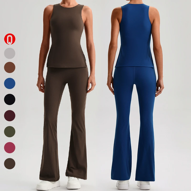 Running High Waist Flared Pants Two Pieces Yoga Suit Sleeveless Tank Top Gym Sets for Women Active Wear Outdoor Gym Fitness Sets