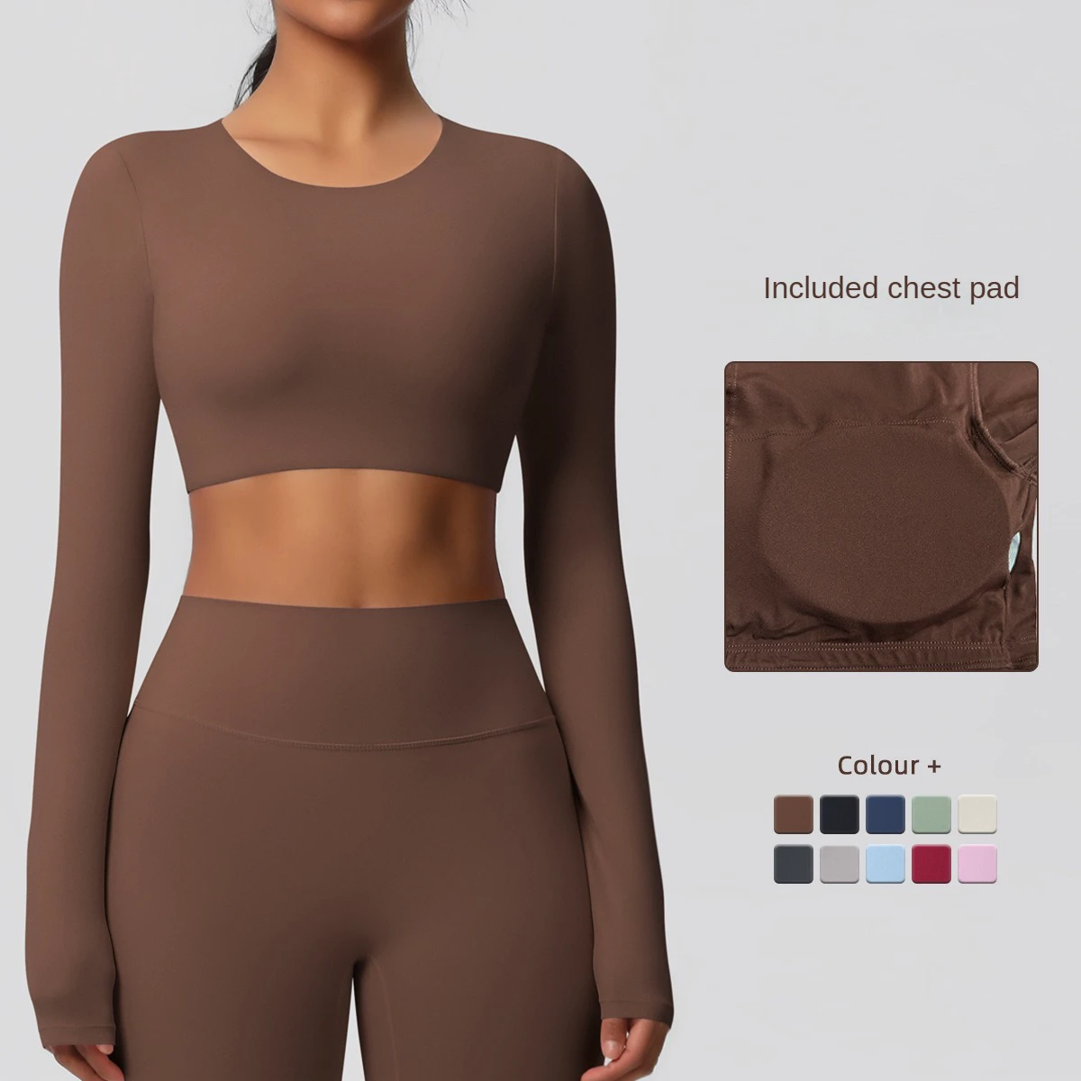 Double-sided Abrasive Chest Pad Tight Long-sleeved Yoga Clothes Pilates Running Sports T-shirt Two-Piece Set Elastic Waist Women
