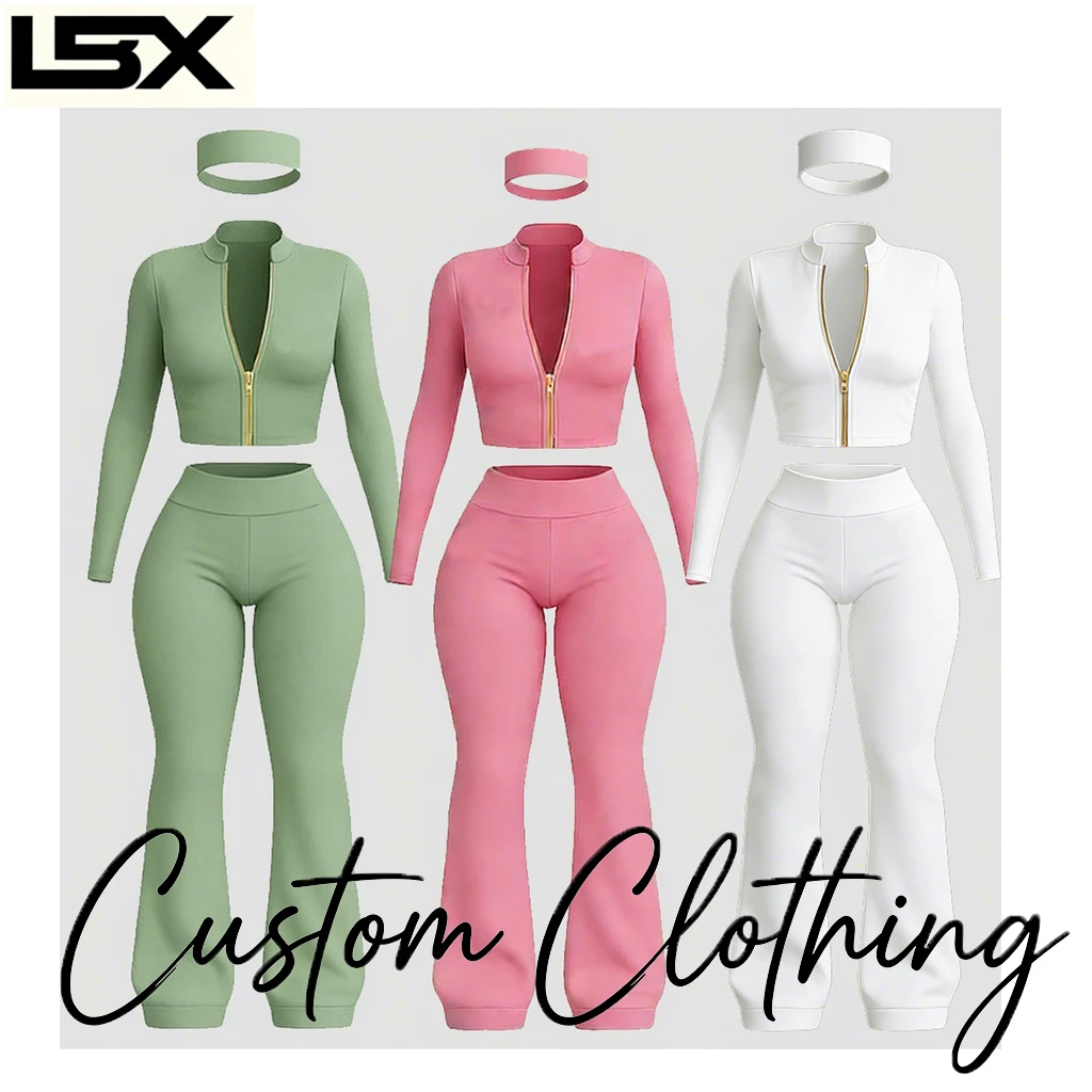 Customized Fitness Set with Full Zipper Yoga Top and Flared Pants Paired with Headband, Three Piece Fitness Set