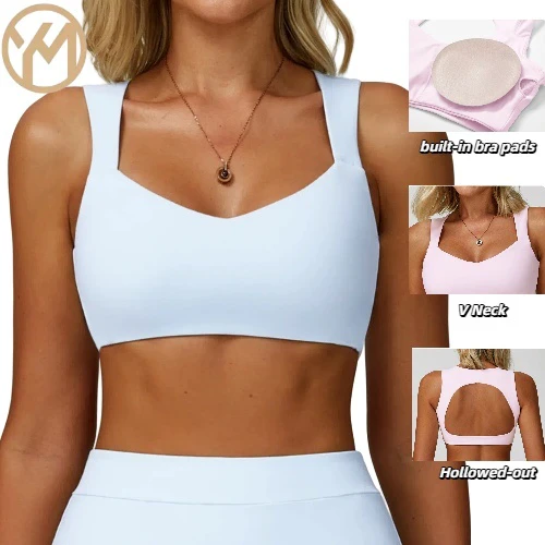 Yimo Women Nude Feeling V Neck Gather Yoga Tops Lady Double Shoulder Strap Sport Vests Female Hollowed Beauty Back Running Tops