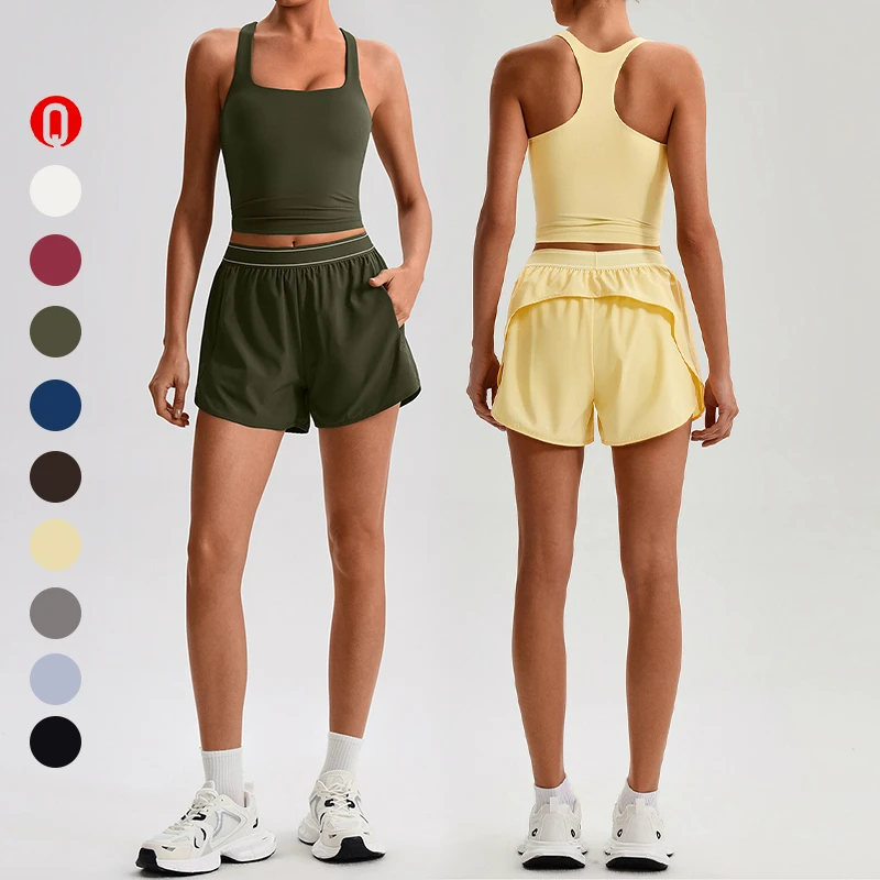 Women Square Neckline Sports Top 2 Piece Yoga Set Lady Slim Fit Workout Gym Suit Female Solid Color Running Shorts Women Sets