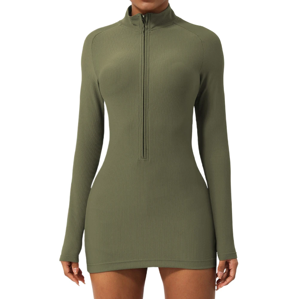 Zippered Nude Tight Sports Dress Slimming Quick-drying Fitness Yoga Long-sleeved Casual Skirt Sexy