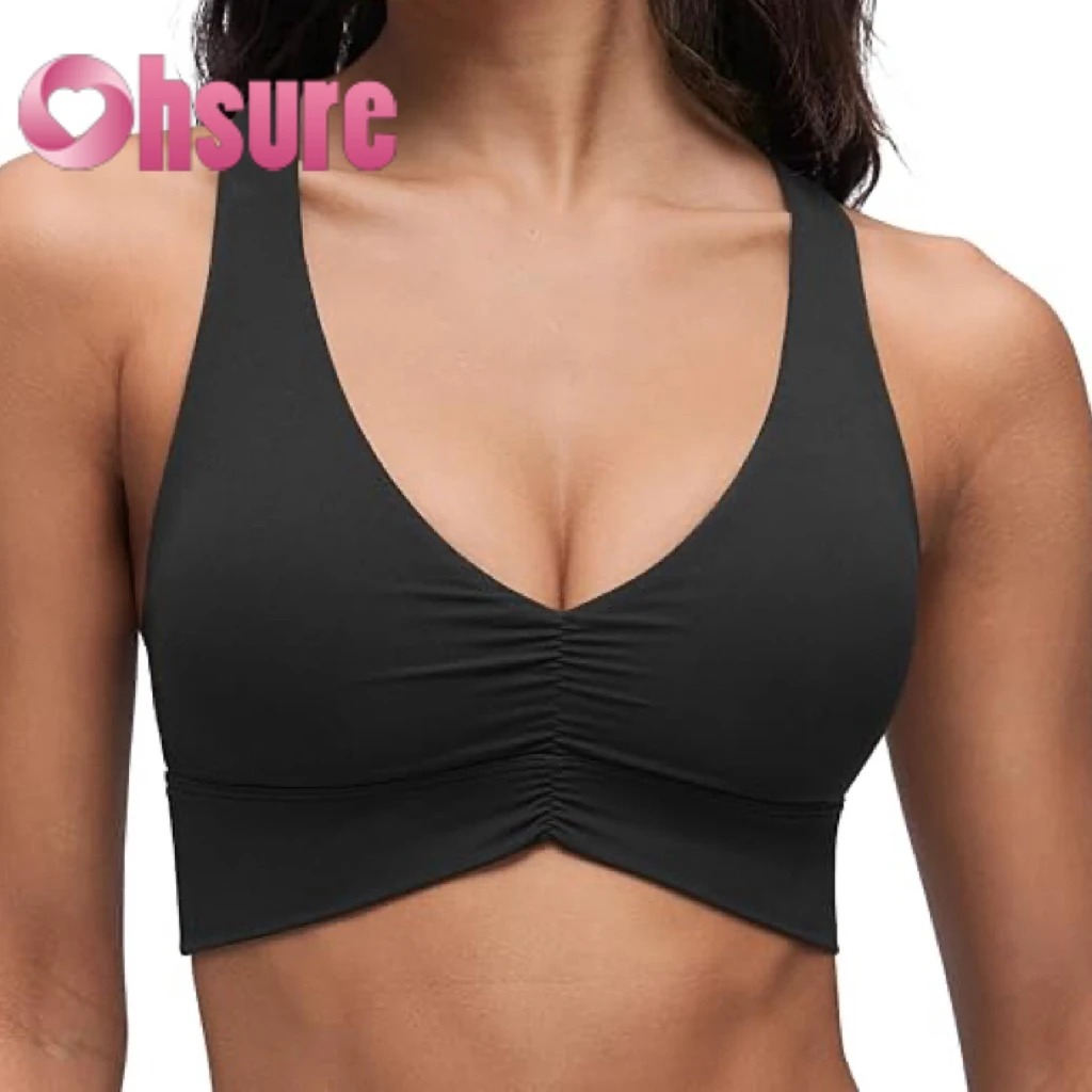 Women's Pleated Long Sports Bra - V-neck Padded Yoga Tank Top with Wide Straps, Cross Back, and Crop Top