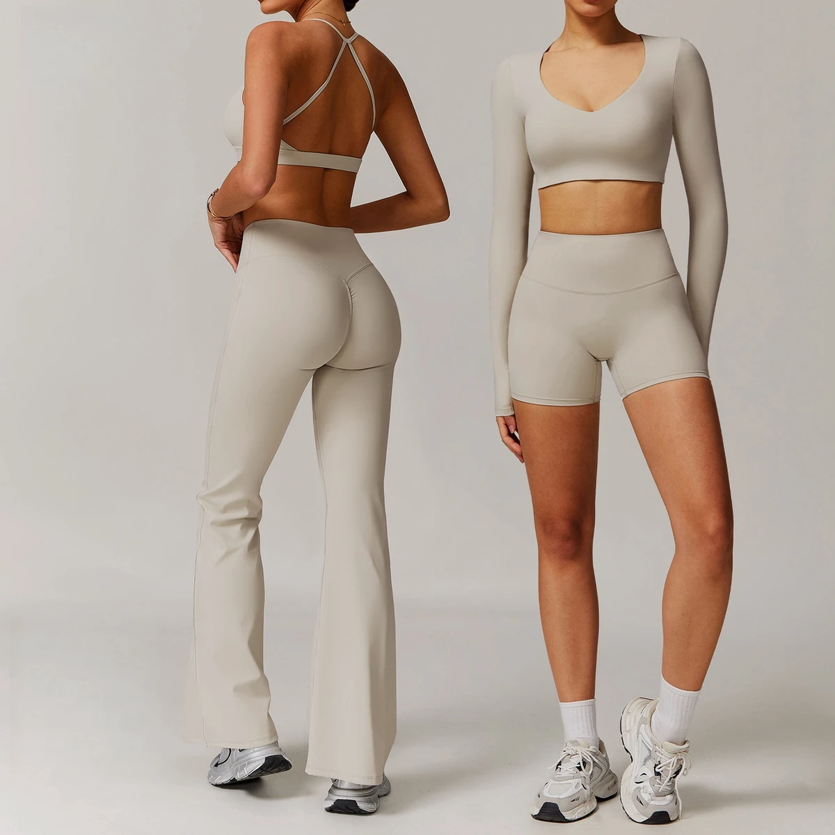 KY51 Women's 2 Piece Yoga Set Tight Quick Dry V Neck Cropped Long Sleeve Top High Waist Shorts Workout Outfit Yoga Running