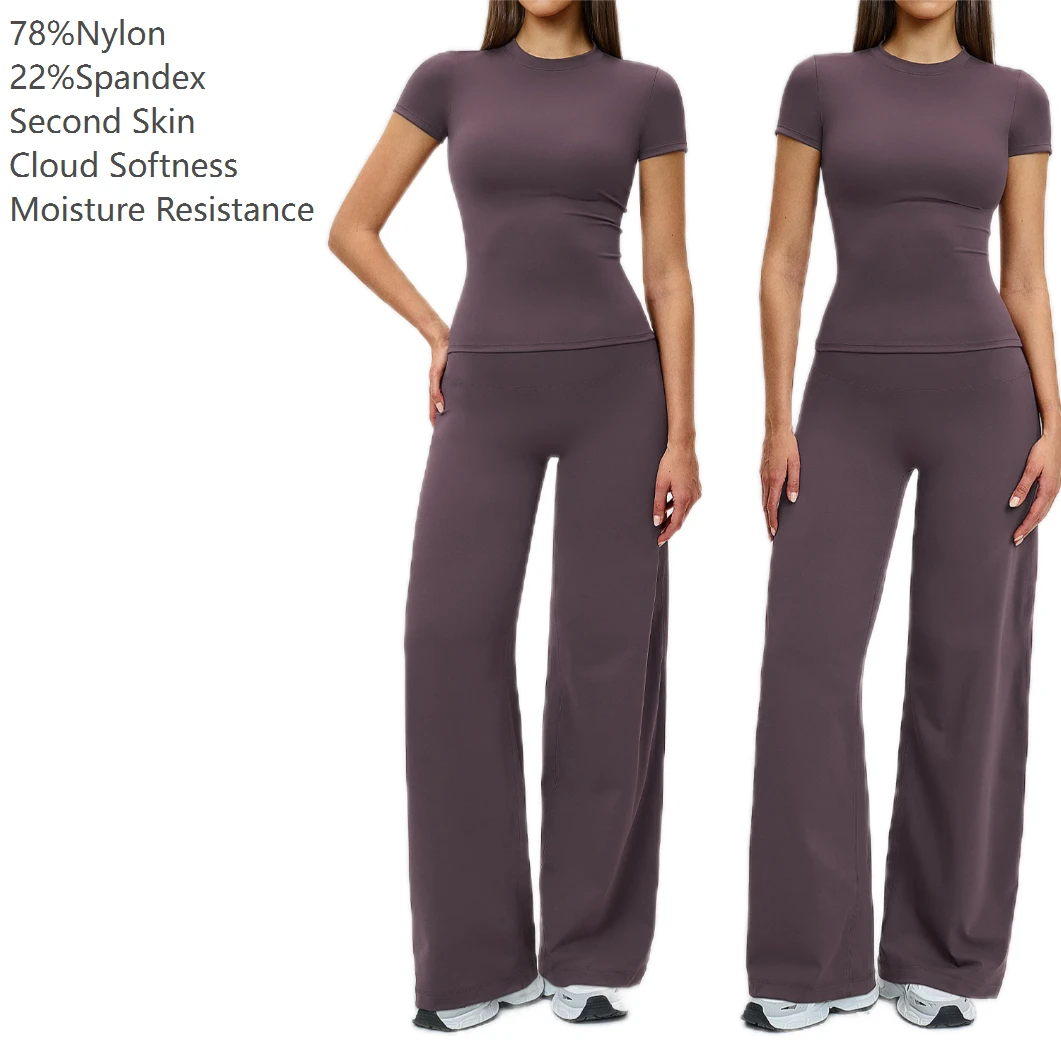 Active Wear Brush T-shirts Breathable Eco-Friendly Lightweight Wide Leg Pants Two-Piece Yoga Gym Fitness Workout Set For Women