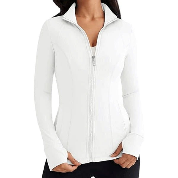 New Women White Color Full Sleeve Zipper Yoga Jacket Stand Neck Breathable Activewear Tops