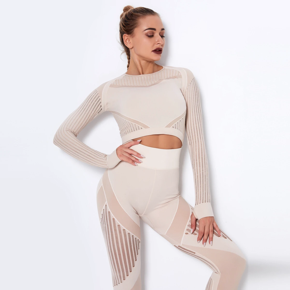 Women Seamless Four-Way Stretch Lightweight Yoga Tops Fitness Long Sleeve Mesh Breathable Eco-Friendly Gym Wear Solid Sexy Crop