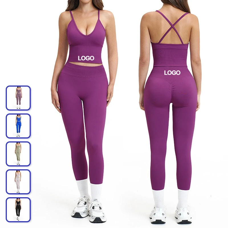 Custom LOGO Seamless Yoga 2-Piece Set Cross Back Sports Bra & Butt Lifting Leggings Workout Outfit