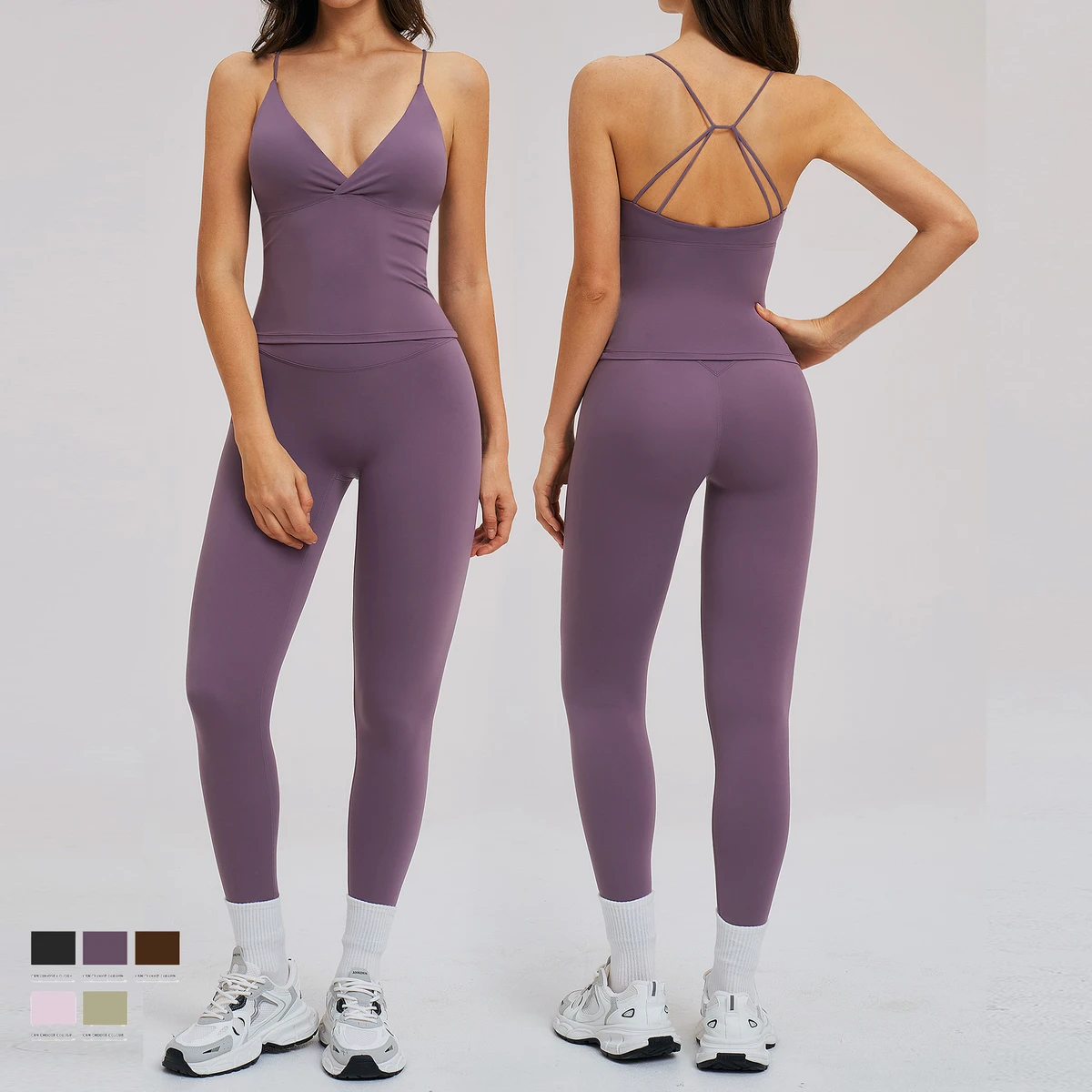 Women's 2 PC Quick Dry Elastic Breathable Backless Sexy Tank Top Yoga Set High Waist Butt Lift Sports Shorts Leggings Set
