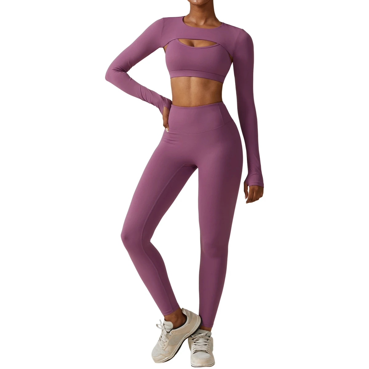 Two-Piece Solid Plus Size Yoga Set Quick Dry Breathable Eco-Friendly Spandex/Nylon Long Sleeve Sports Wear Front Logo for Women