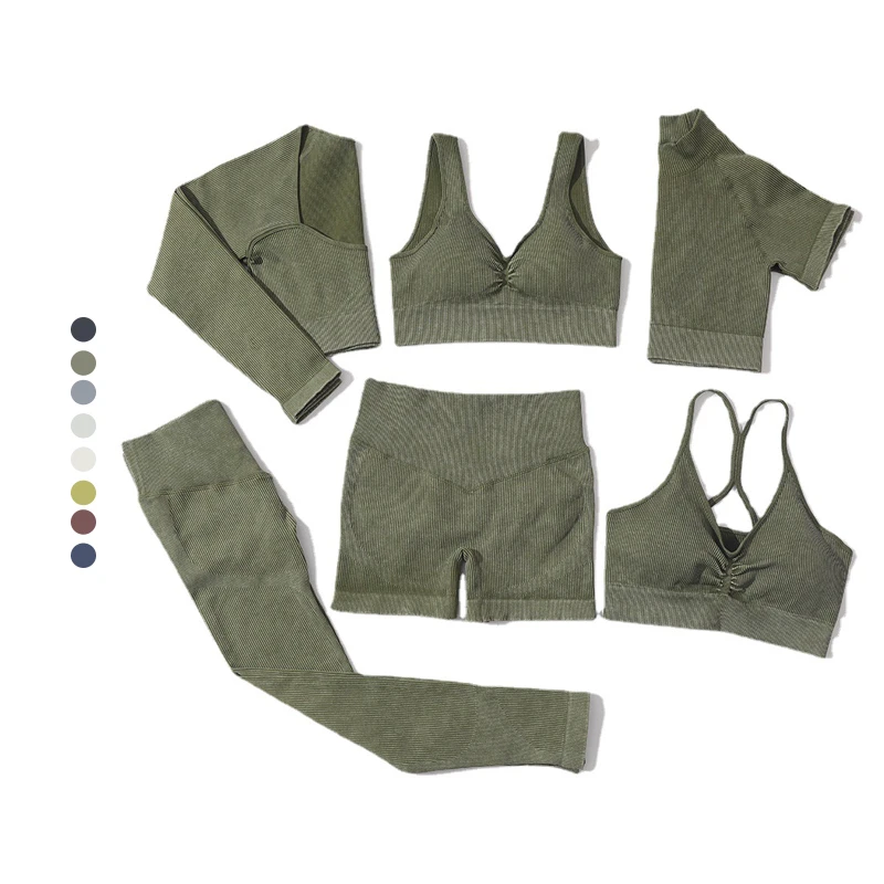 6 Pieces Women's Seamless Breathable Quick Drying Sports Clothes Outdoor Running Fitness Suit High Waist Tight Training Yoga Set