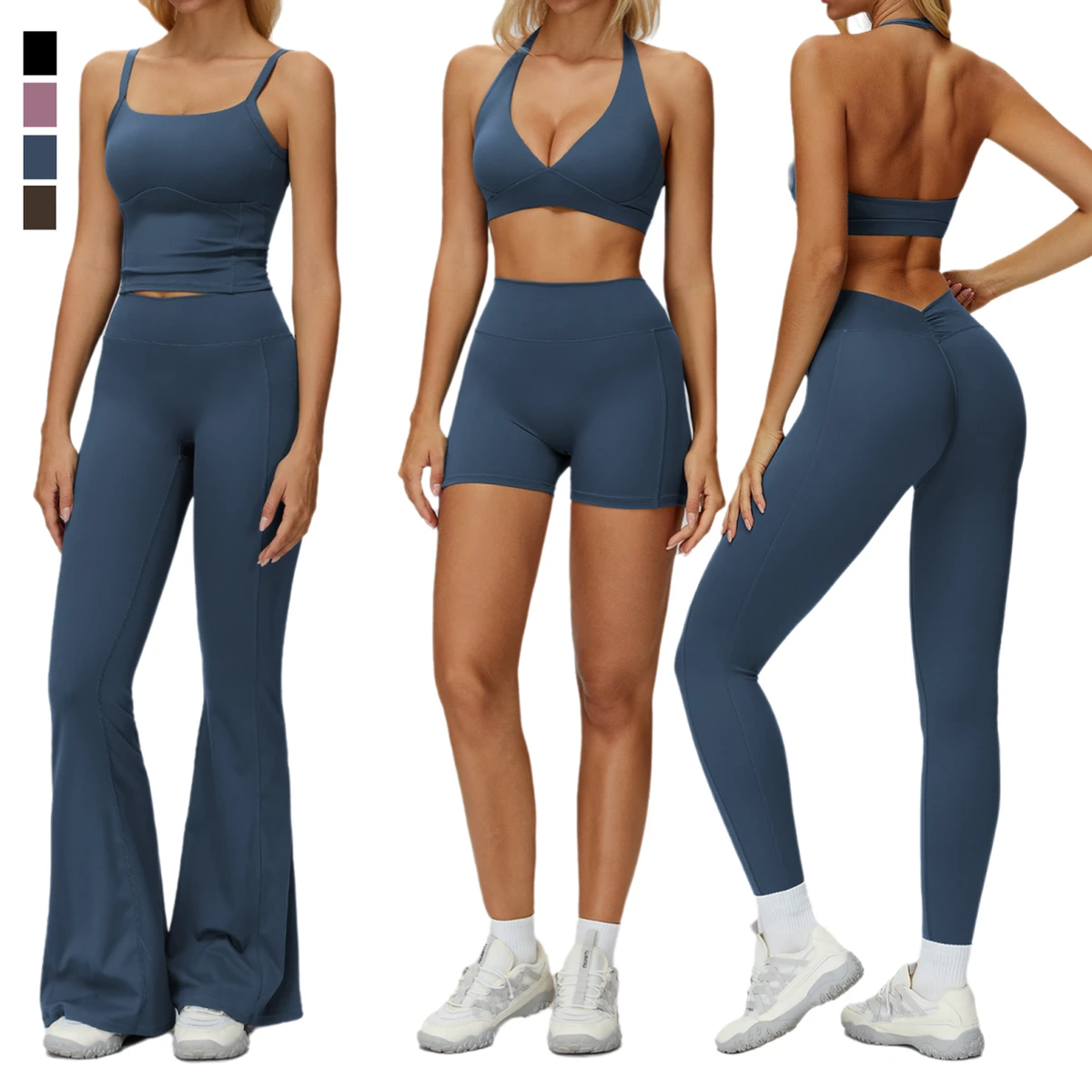 Women Activewear 5 Piece Yoga Set Stretch Sports Bra Sling Tank top Running Shorts Gym Leggings High Waist Flare pants For Women