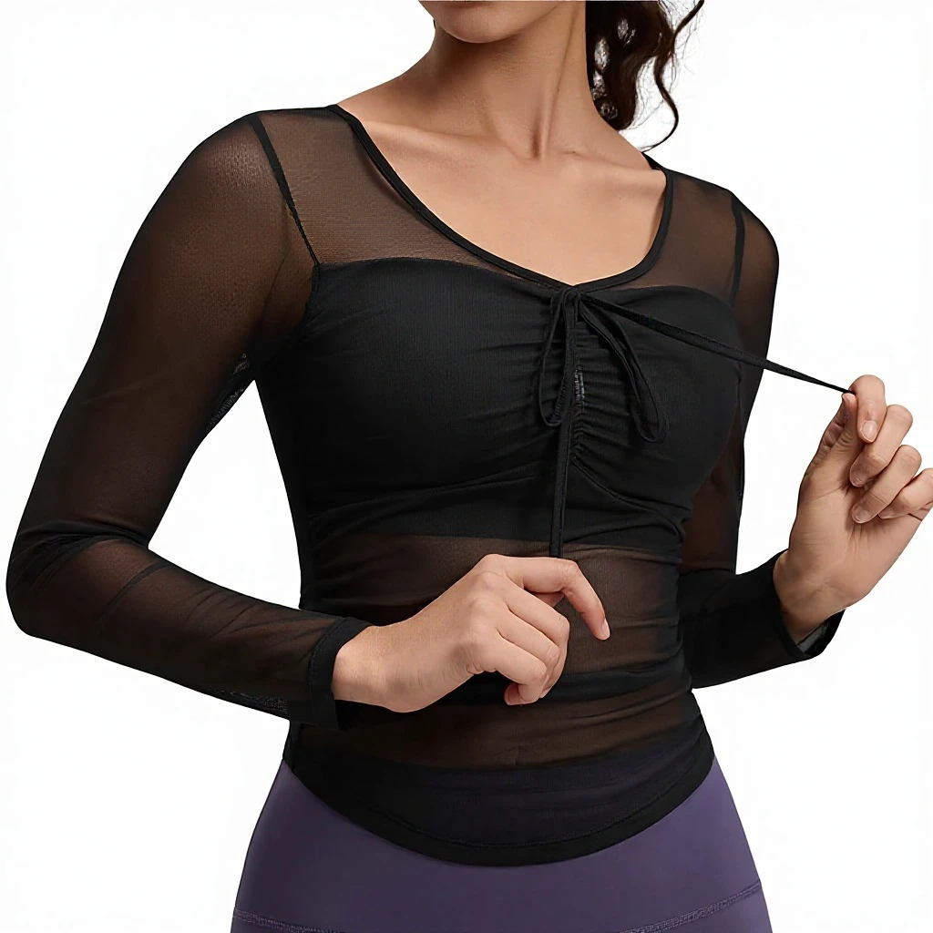 2026 New Spandex/Nylon Mesh Solid Simple Yoga Clothes Long-sleeved Women's Slim-fit Quick Dry Fixed Cup Outerwear Sports Top