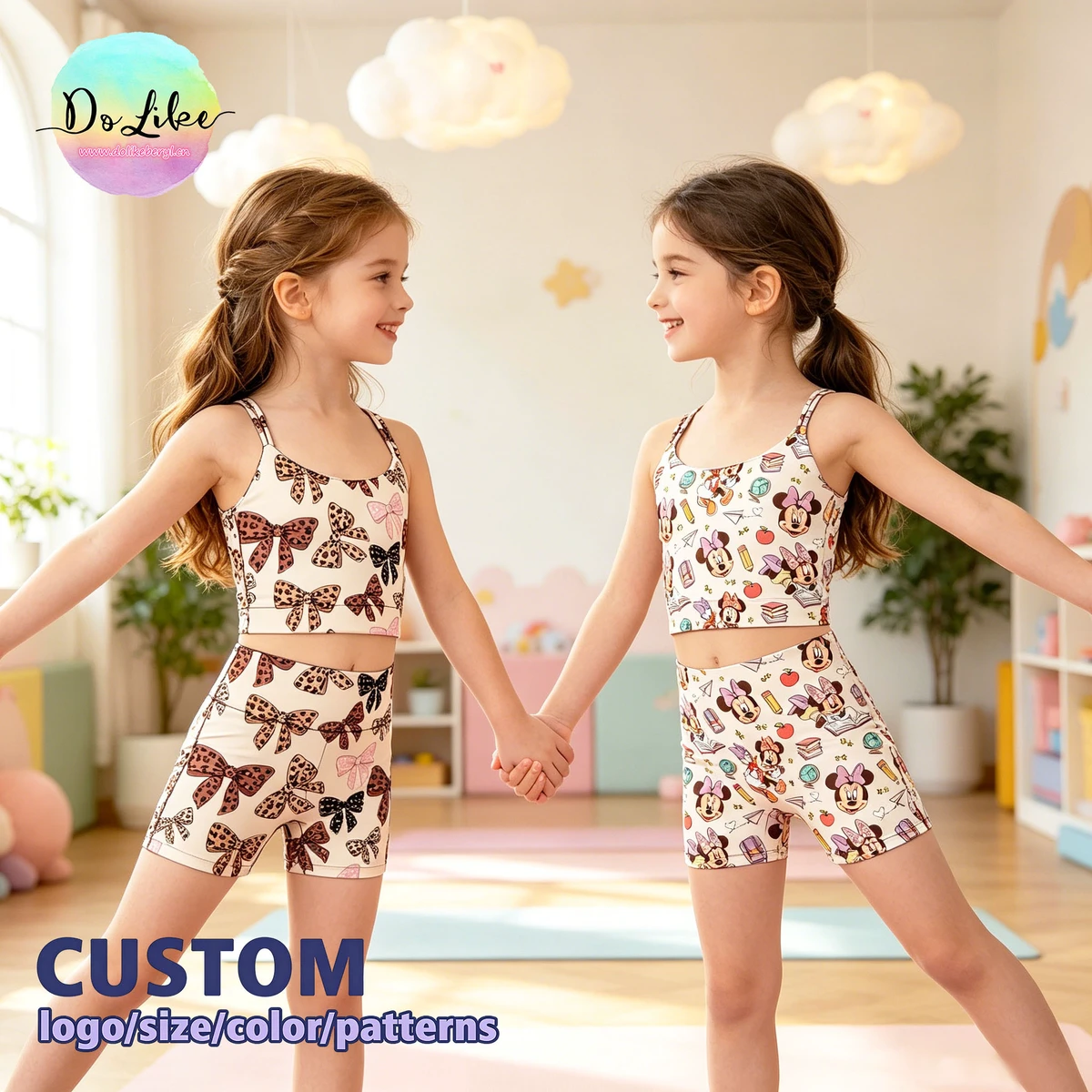 Kids Activewear Set Printed Girls Yoga Outfit Spaghetti Strap Crop Top Custom Kids Sportswear