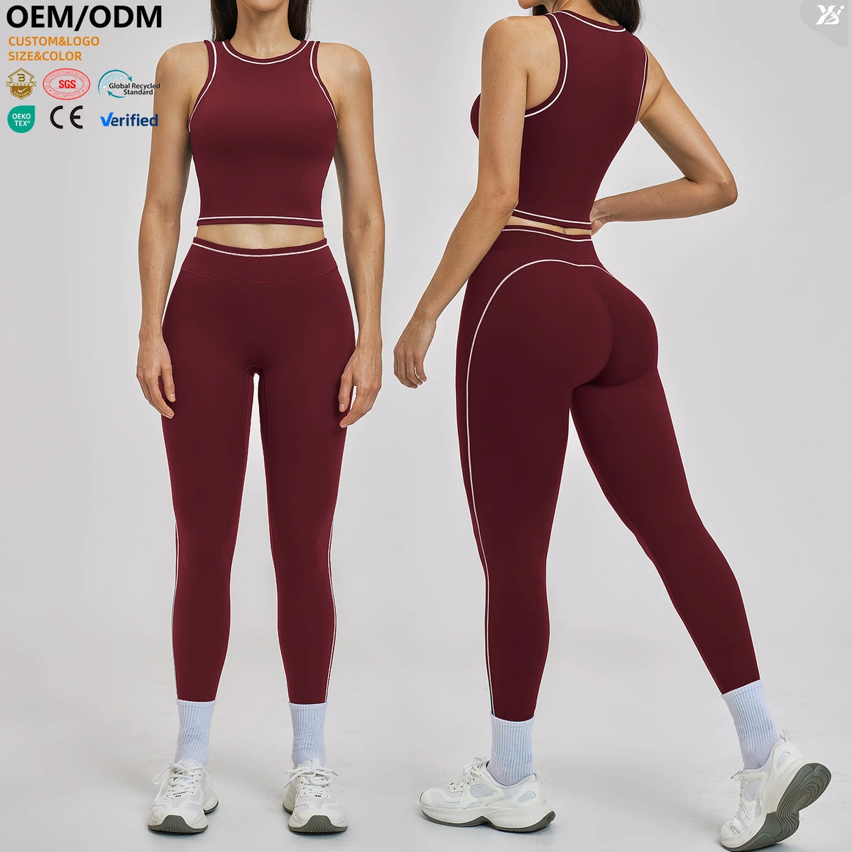 XW-TZ3562-4 Hot Sale Spandex Nylon Women Tank Top Fitness Set Ladies Workout Activewear Front High Stretch Gym Yoga Wear Set
