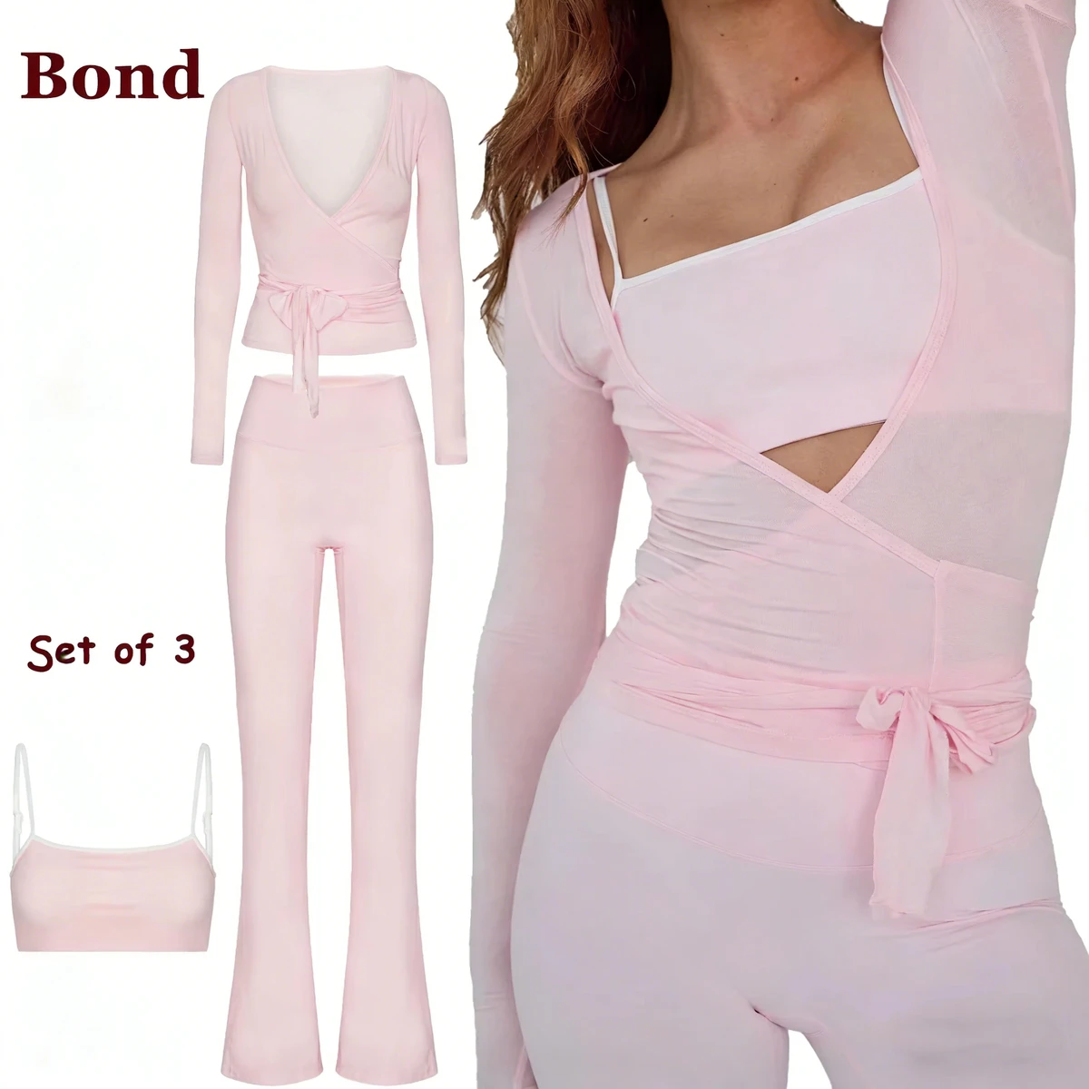 Bond Custom Yoga 3 Piece Set Sports Bras Flare Yoga Pants and Ballet Wrap Blouse Stretch Fabric for Women
