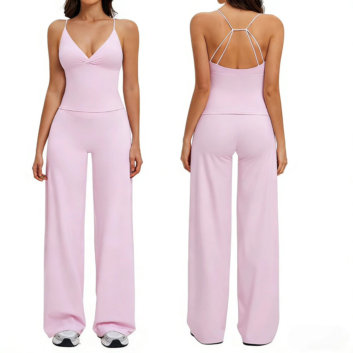 Women's Brushed Yoga Set 2-Piece Summer Suit Racerback Vest High Waist Wide Leg Pants Hollow Out Back Sports Gym TZ5544-2