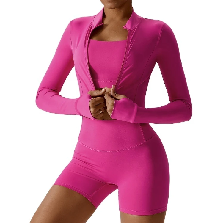 Lanyu Women's 3-Piece Yoga Set Quick Dry Long Sleeve Workout Jacket Scrunch Butt Shorts Sports Bra Gym Active Fitness Plus Size