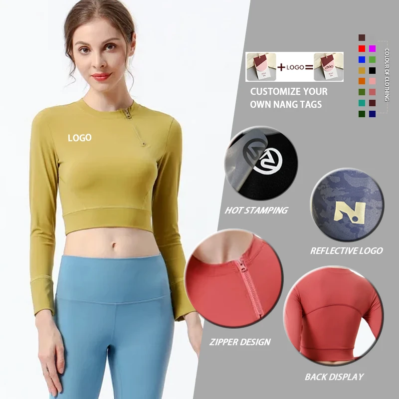 Supports Customization High Quality Solid Oblique Half Zippered Navel Exposed Long Sleeved Women's Fitness Yoga Top