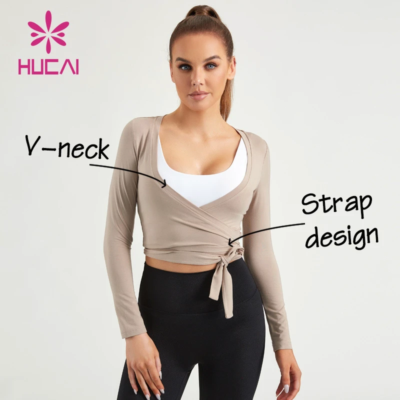 HUCAI Custom Spandex Slim Fit Sexy Knot Cross Front V-neck Sports Tee Yoga Crop Top Long Sleeve Gym t Shirt for Women