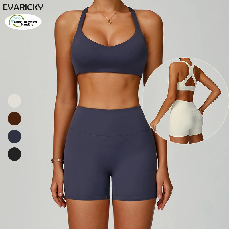 Eco-Friendly Recycled Two Piece Running Gym Set Yoga Outfit Sleeveless Sports Bra Shorts Solid Quick Dry Breathable Front