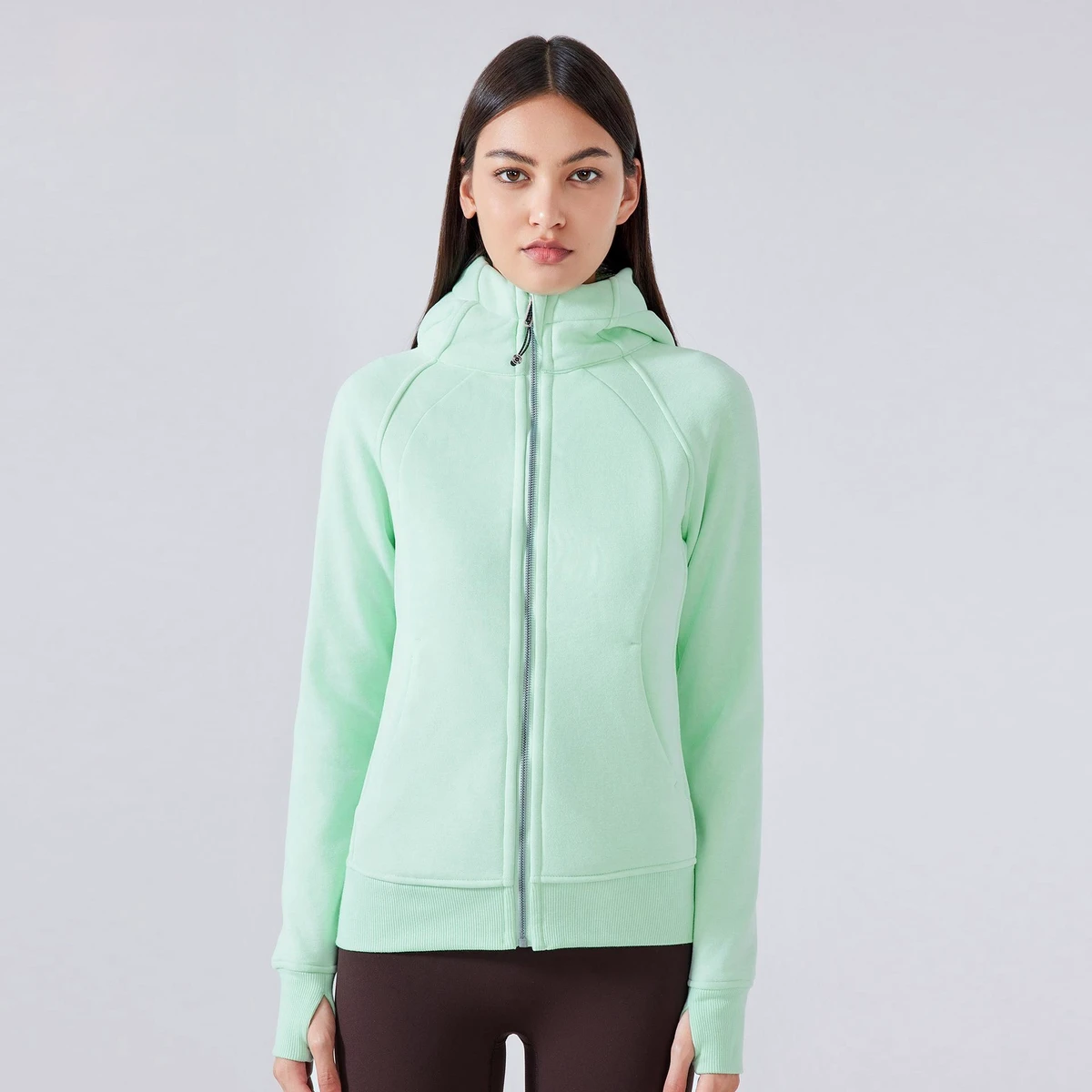 Women Full Zipper Sports Fleece Jackets Long Sleeve Slim Fit Fleece Pockets Gym Tops Thumb Hole Yoga Hoodies Active Wear