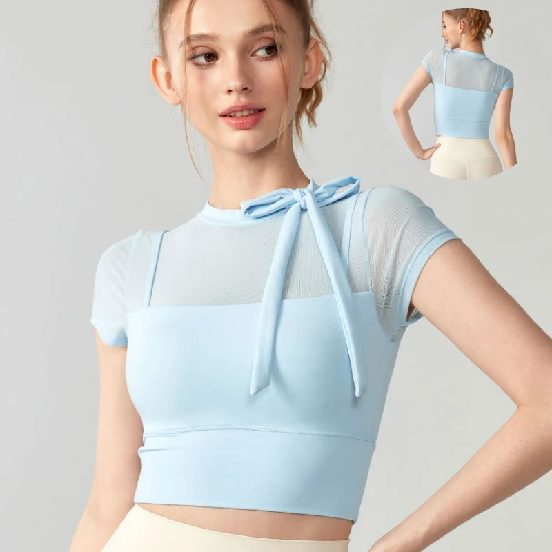 Aoyema Women Sportswear With Built-In Padding Breathable Semi-high Collar Design T-Shirt With Neckline Strap Yoga Short Sleeve